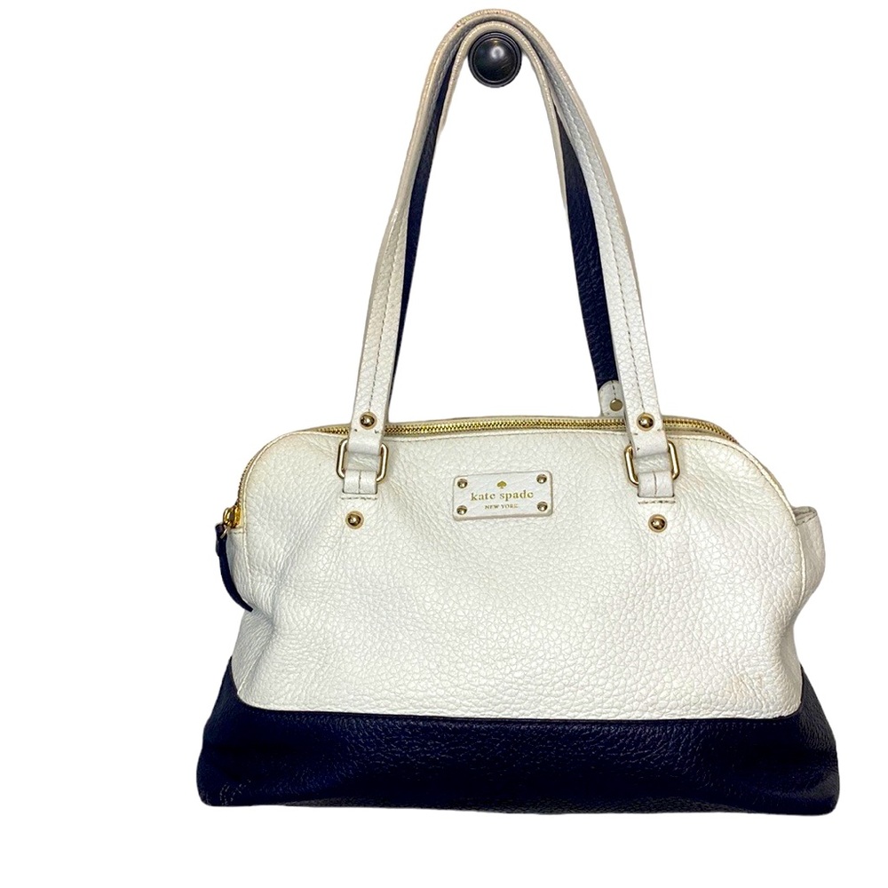 Kate Spade Pebbled Leather White and Navy Blue Colorblock Satchel Shoulder Bag